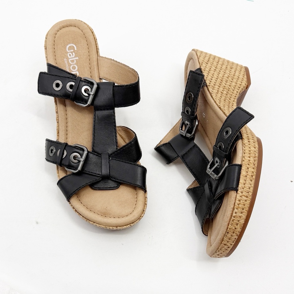 Gabor Black Leather Wedge Sandals size 8
